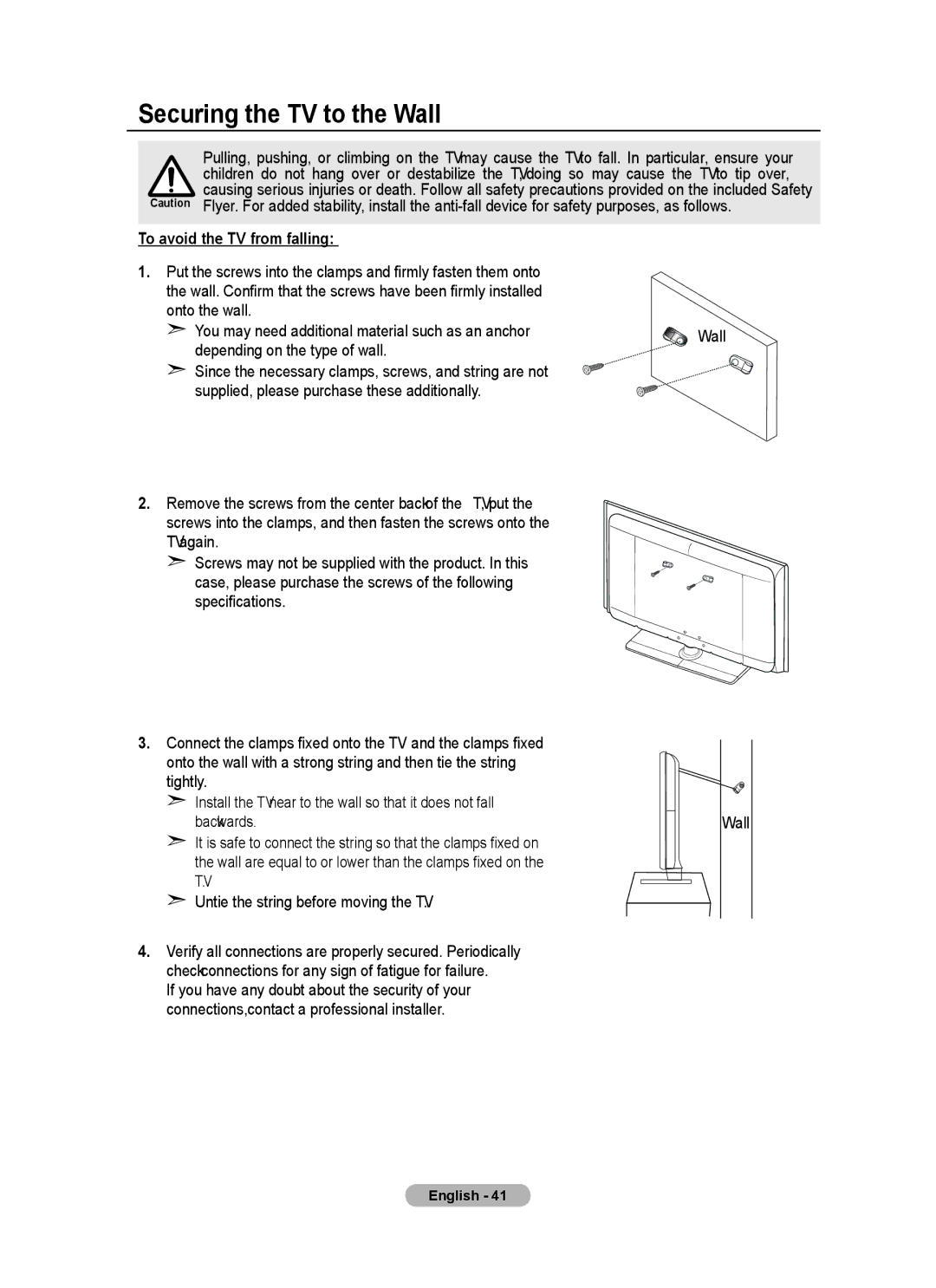 Samsung PS50A40 user manual Securing the TV to the Wall, To avoid the TV from falling, Depending on the type of wall 