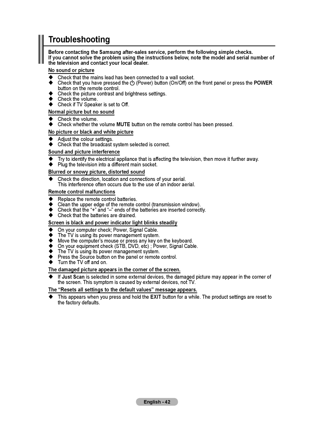 Samsung PS50A40 user manual Troubleshooting 