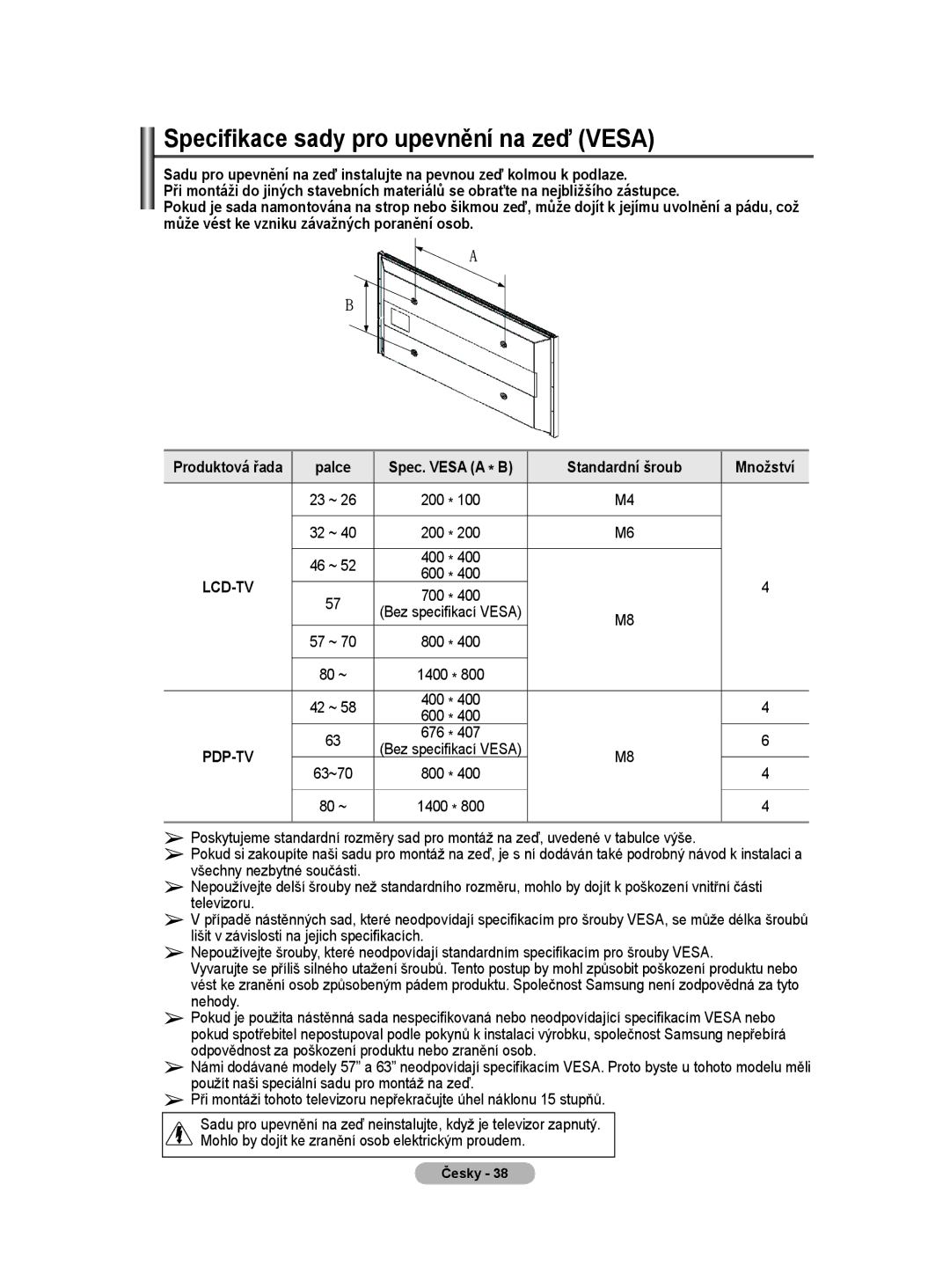 Samsung PS50A40 user manual Specifikace sady pro upevnění na zeď Vesa, Palce, Standardní šroub Množství, Produktová řada 