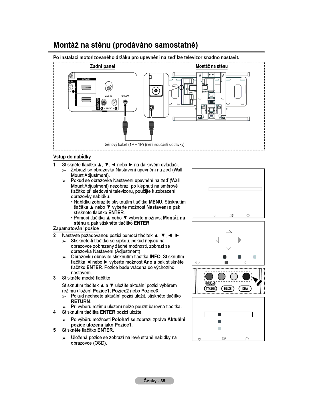 Samsung PS50A40 user manual Montáž na stěnu prodáváno samostatně, Vstup do nabídky, Stěnu a pak stiskněte tlačítko Enter 