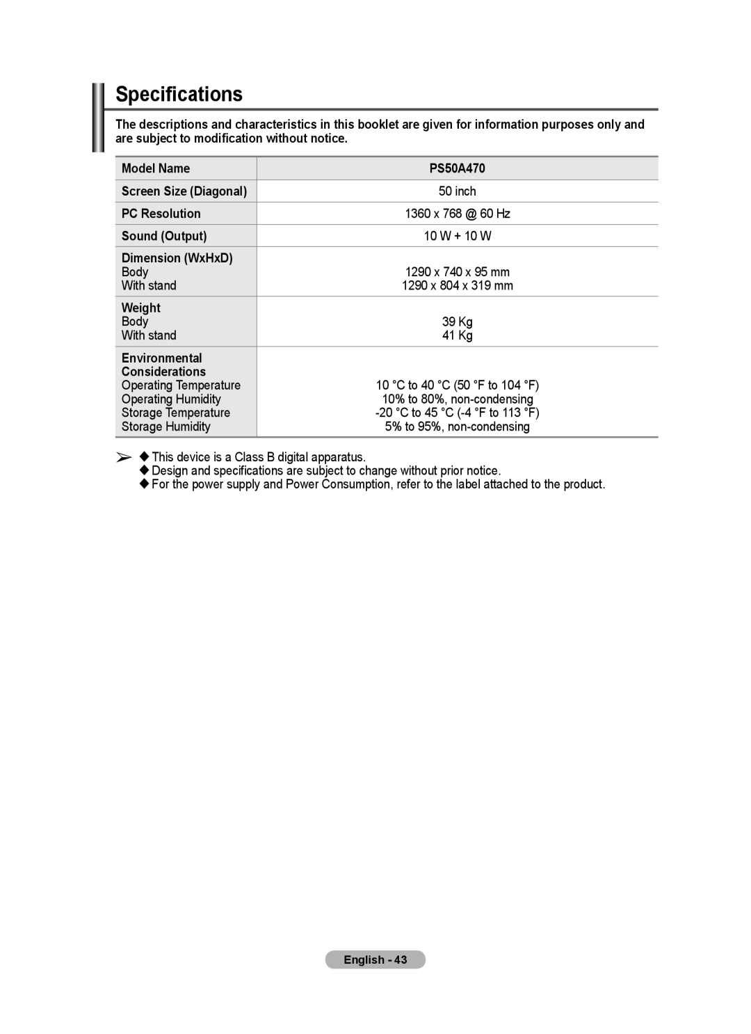 Samsung PS50A40 user manual Specifications 