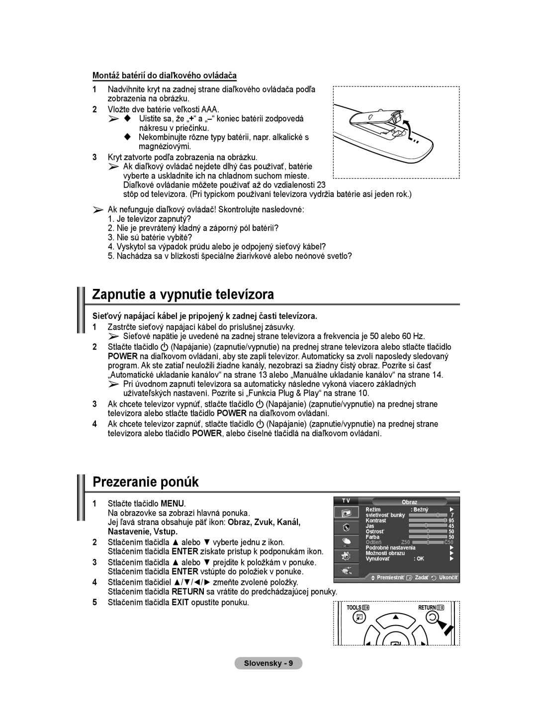 Samsung PS50A40 user manual Zapnutie a vypnutie televízora, Prezeranie ponúk 