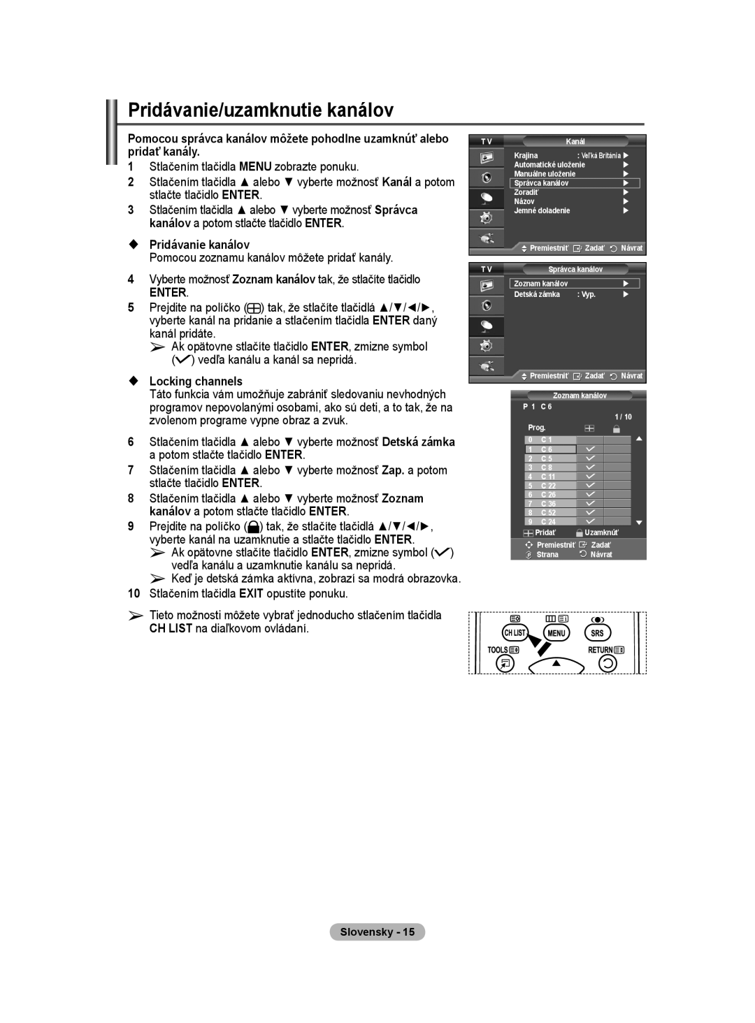 Samsung PS50A40 user manual Pridávanie/uzamknutie kanálov,  Pridávanie kanálov,  Locking channels 