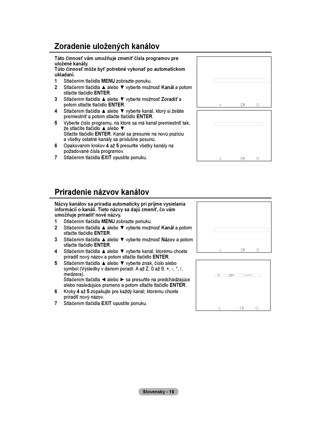 Samsung PS50A40 user manual Zoradenie uložených kanálov, Priradenie názvov kanálov 