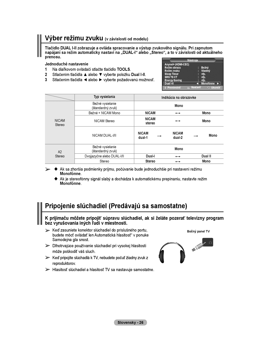 Samsung PS50A40 Pripojenie slúchadiel Predávajú sa samostatne, Výber režimu zvuku v závislosti od modelu, Prenosu 