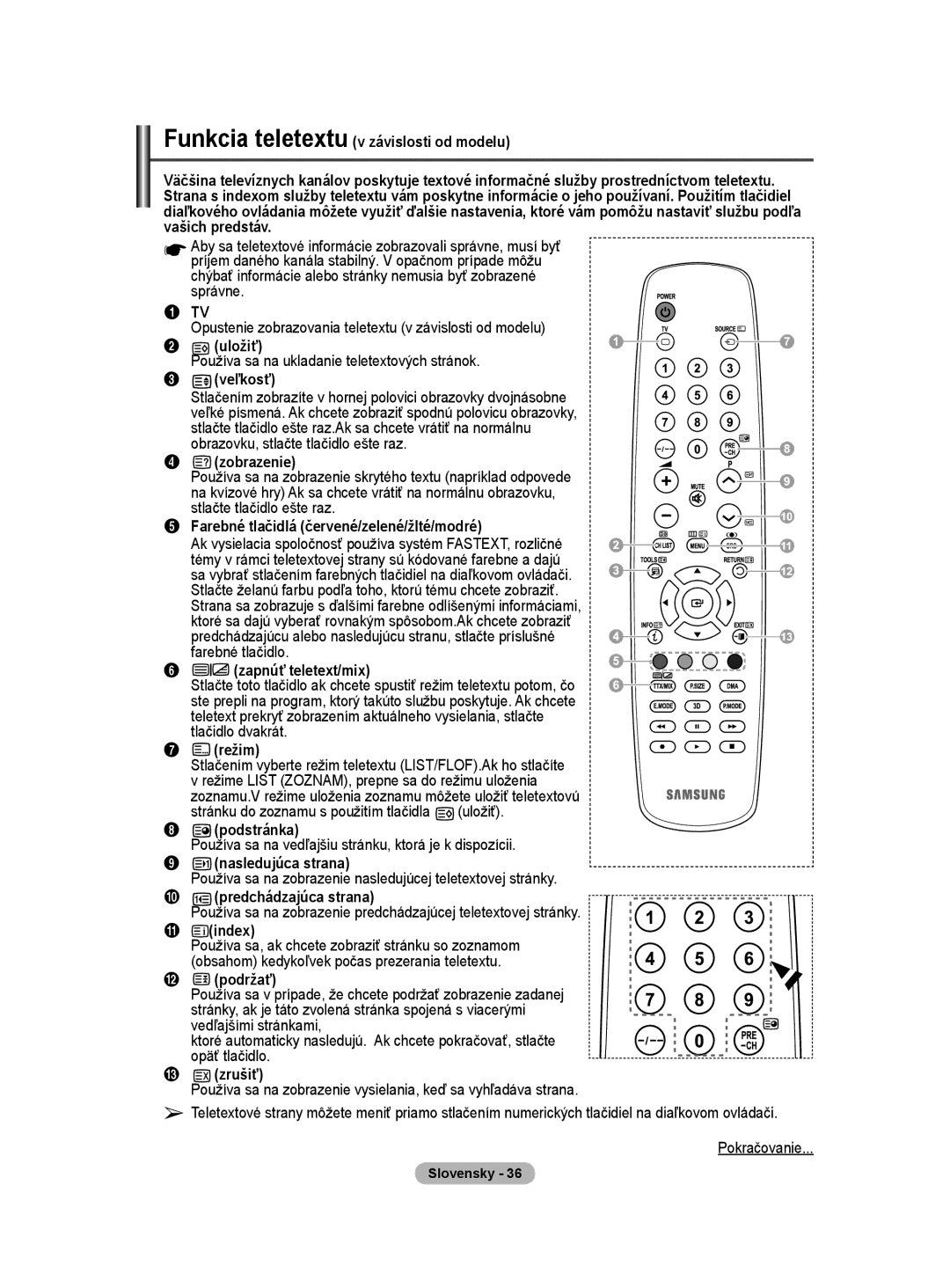 Samsung PS50A40 Funkcia teletextu v závislosti od modelu, Uložiť, Veľkosť, Zobrazenie, Zapnúť teletext/mix, Podržať 