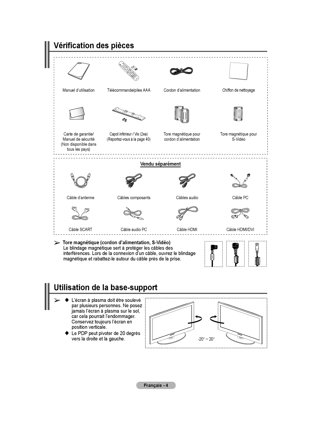 Samsung PS50A40 user manual Vérification des pièces, Utilisation de la base-support, Vendu séparément, Français 