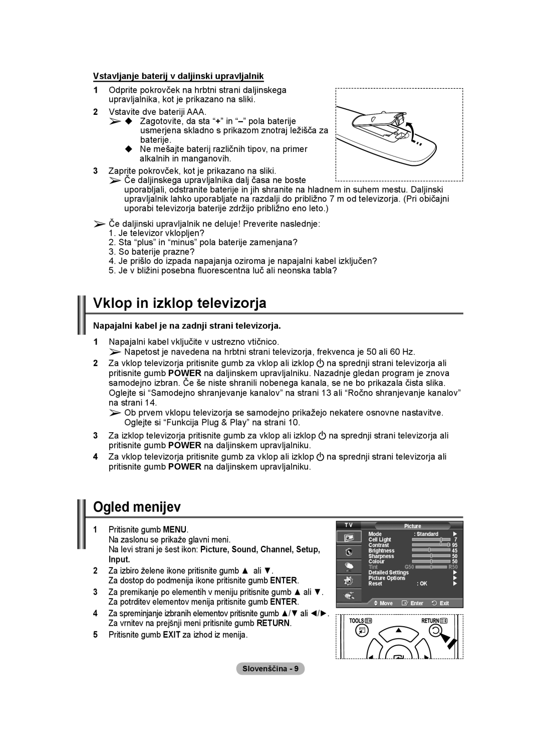 Samsung PS50A40 user manual Vklop in izklop televizorja 