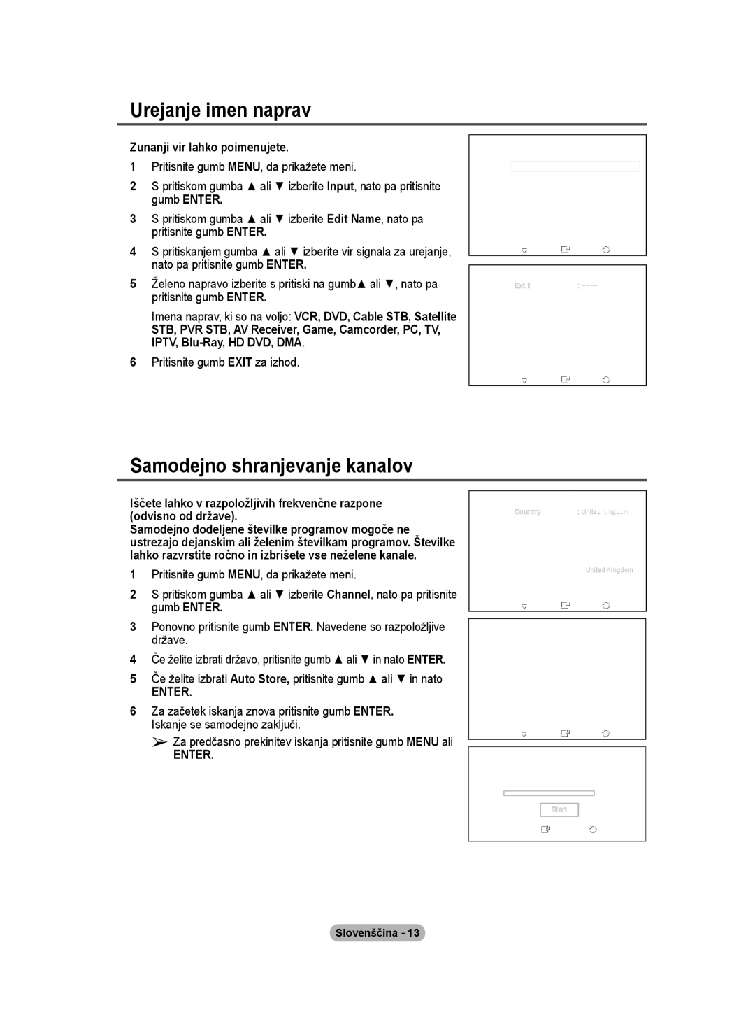 Samsung PS50A40 user manual Urejanje imen naprav, Samodejno shranjevanje kanalov, Zunanji vir lahko poimenujete 