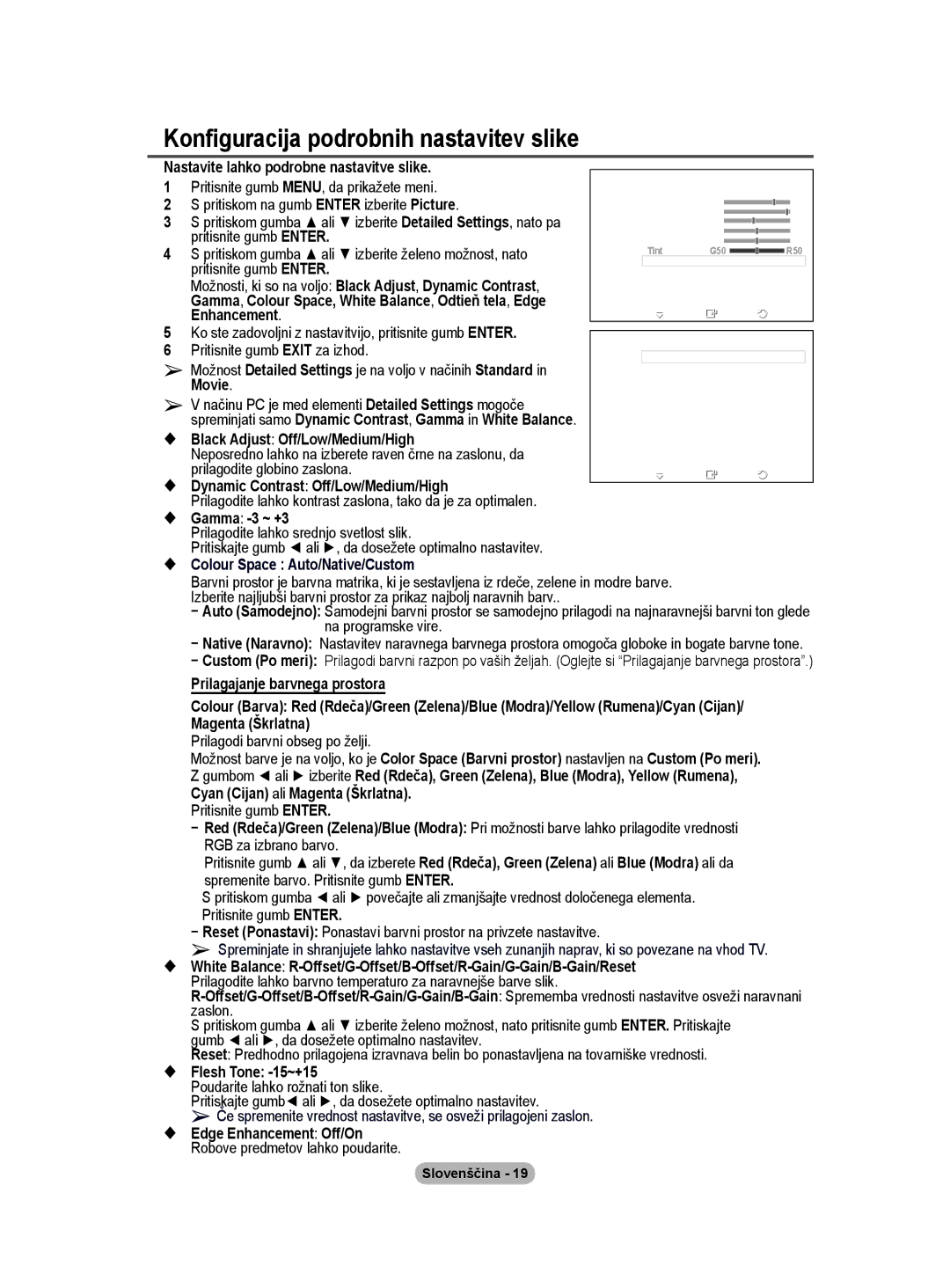 Samsung PS50A40 user manual Konfiguracija podrobnih nastavitev slike, Nastavite lahko podrobne nastavitve slike, Movie 