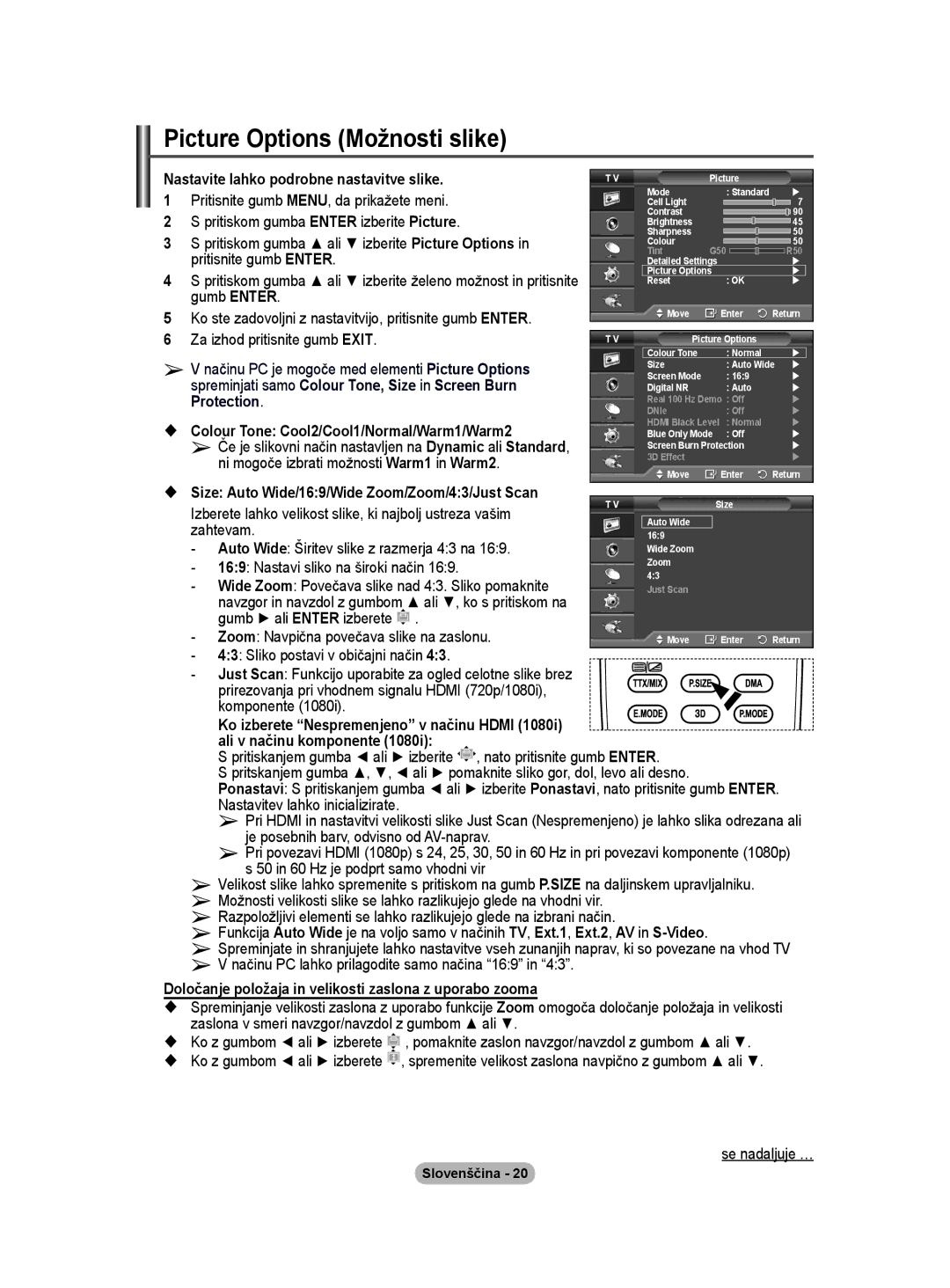 Samsung PS50A40 user manual Picture Options Možnosti slike, Nastavite lahko podrobne nastavitve slike 