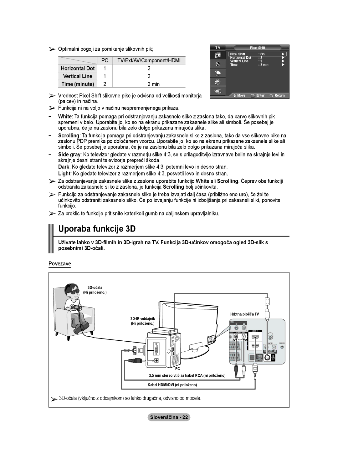 Samsung PS50A40 Uporaba funkcije D, Optimalni pogoji za pomikanje slikovnih pik, TV/Ext/AV/Component/HDMI, Slovenščina  