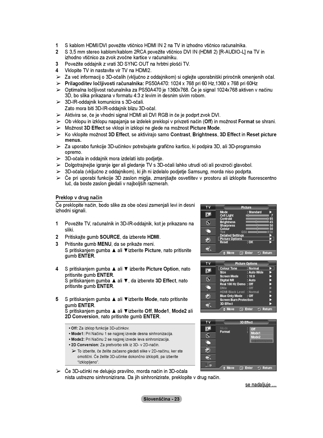 Samsung PS50A40 user manual Preklop v drug način 