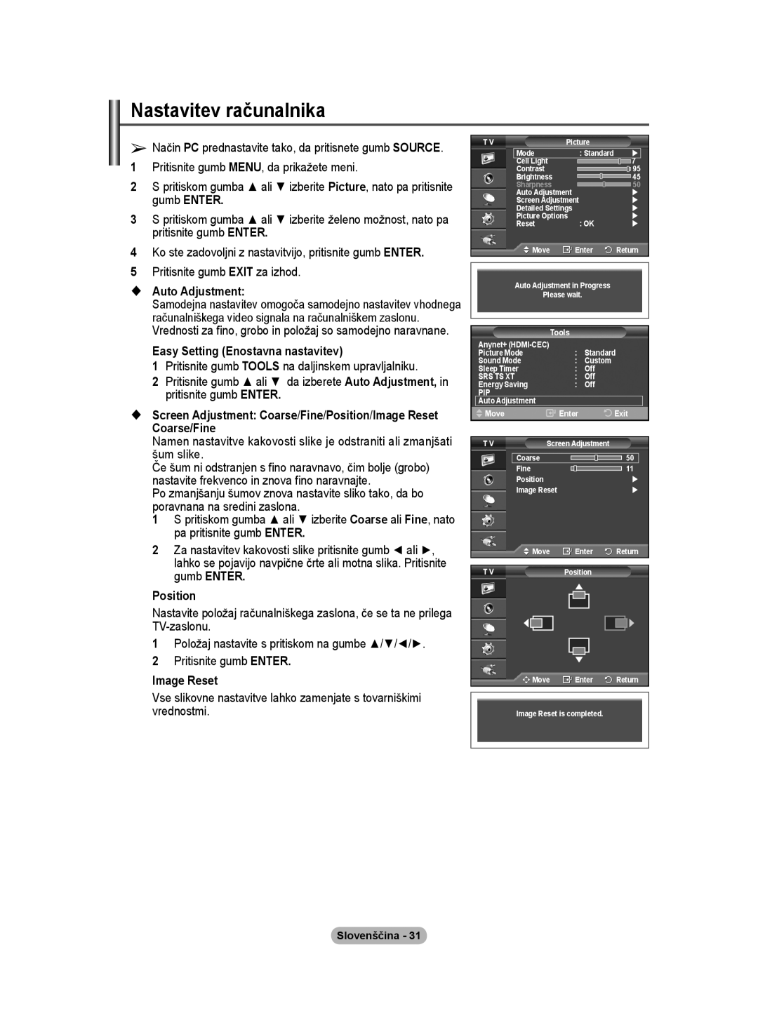 Samsung PS50A40 user manual Nastavitev računalnika, Easy Setting Enostavna nastavitev 