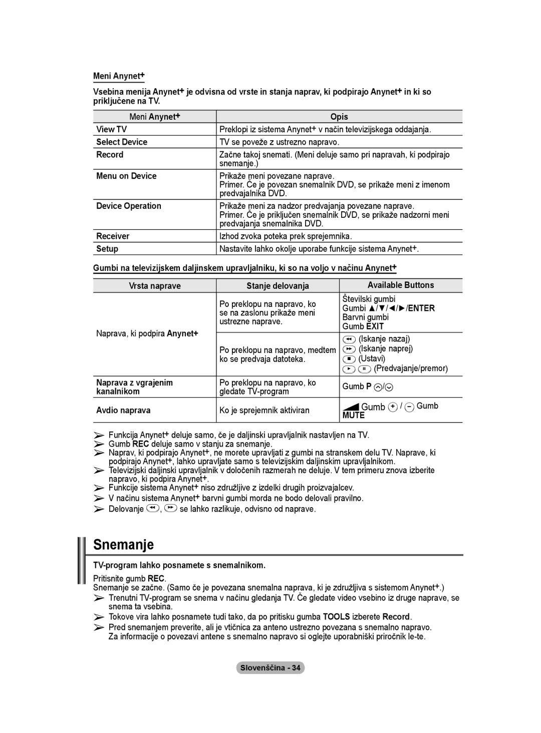 Samsung PS50A40 user manual Snemanje 