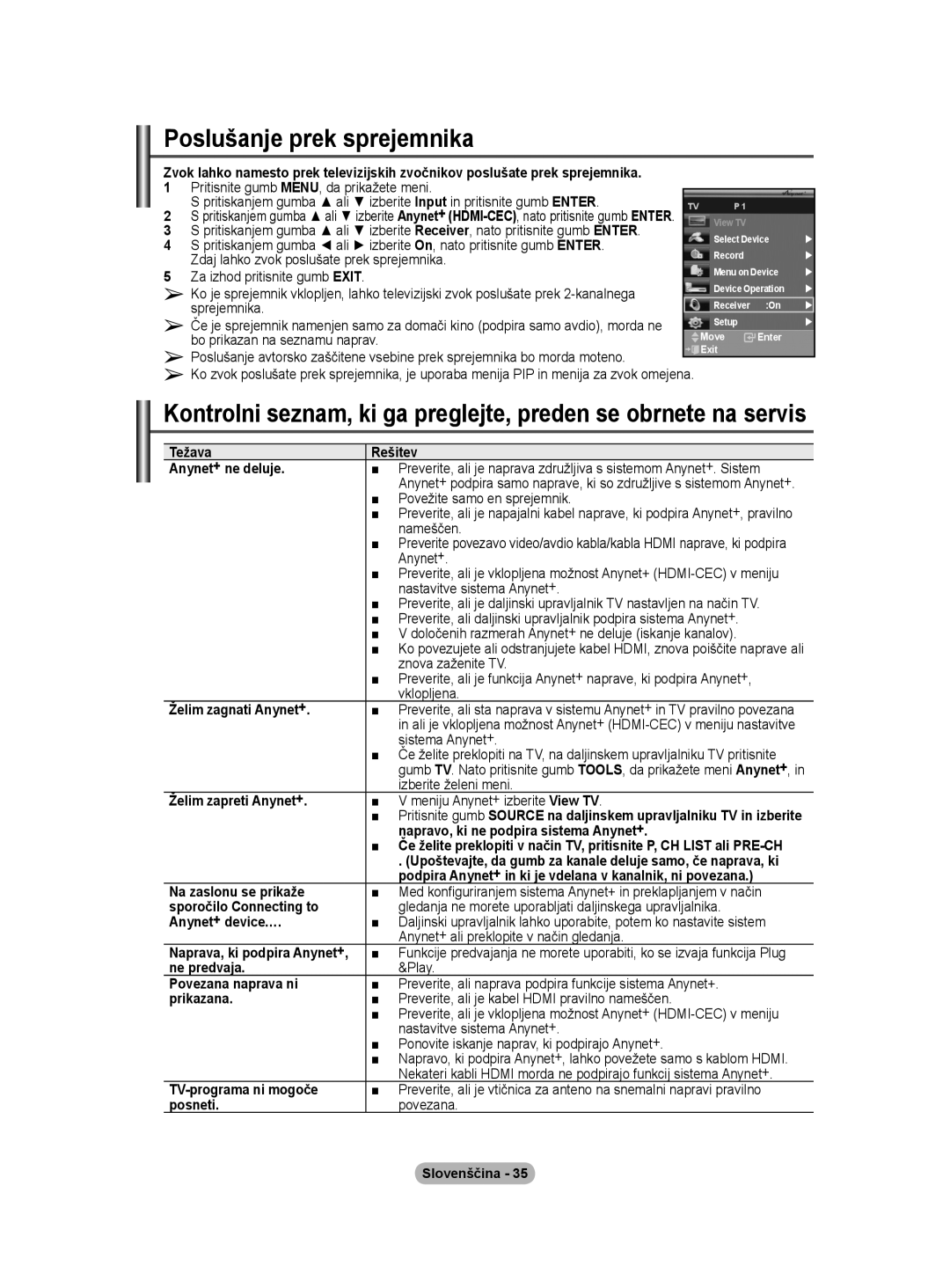 Samsung PS50A40 user manual Poslušanje prek sprejemnika 