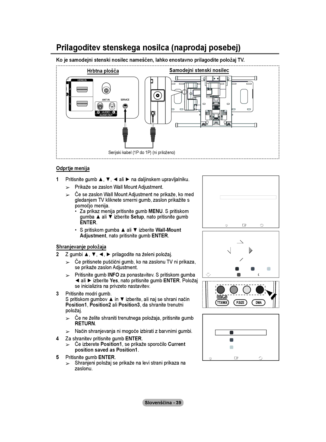 Samsung PS50A40 user manual Prilagoditev stenskega nosilca naprodaj posebej, Odprtje menija, Shranjevanje položaja 