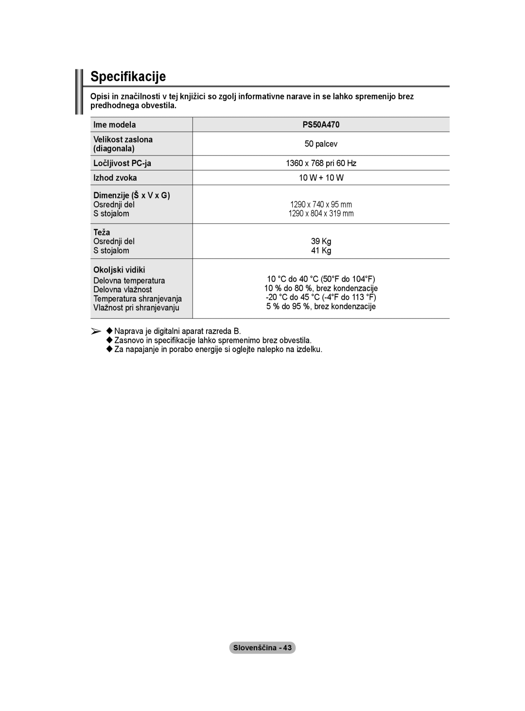 Samsung PS50A40 user manual Specifikacije 