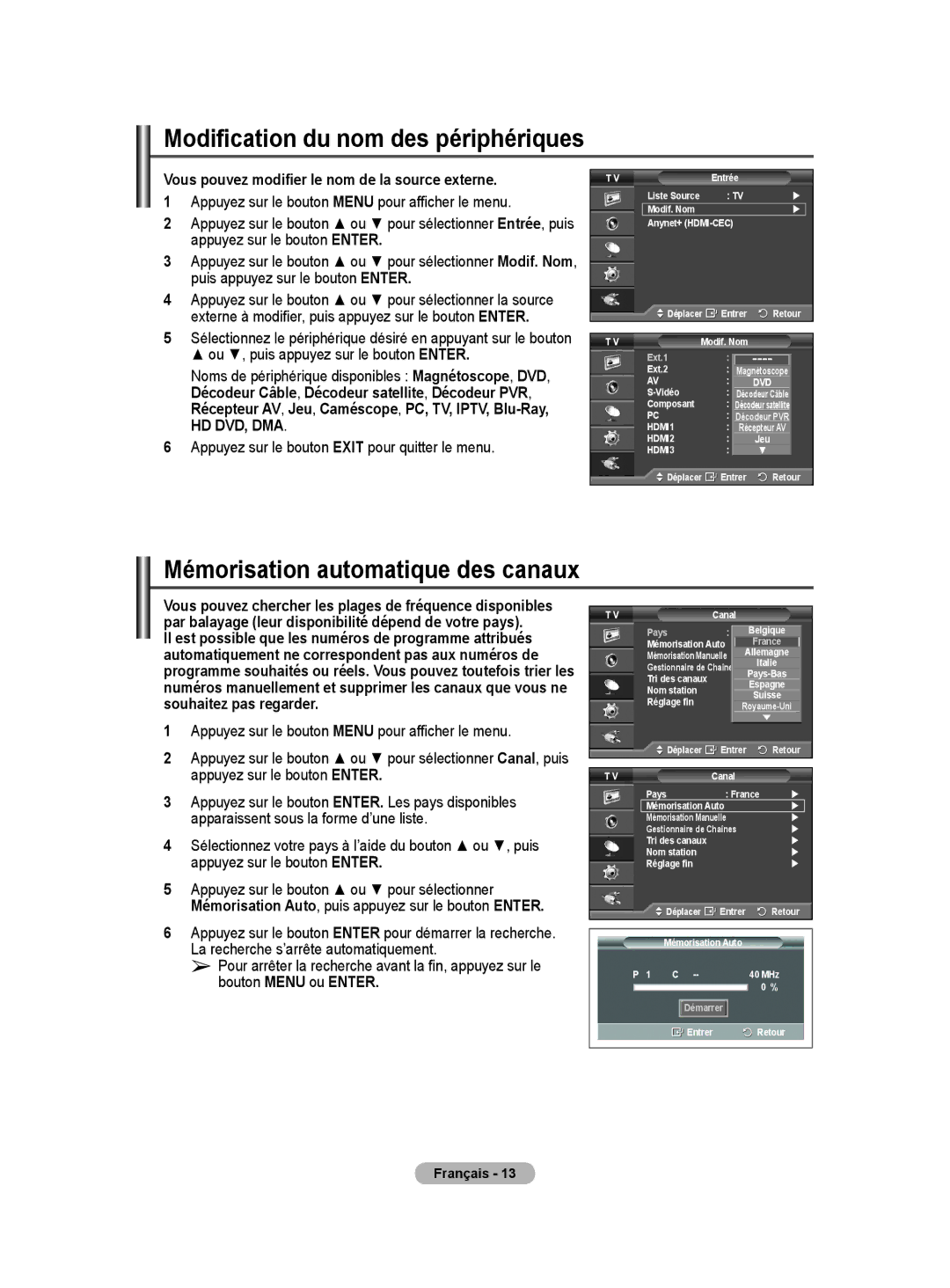 Samsung PS50A40 user manual Modification du nom des périphériques, Mémorisation automatique des canaux 