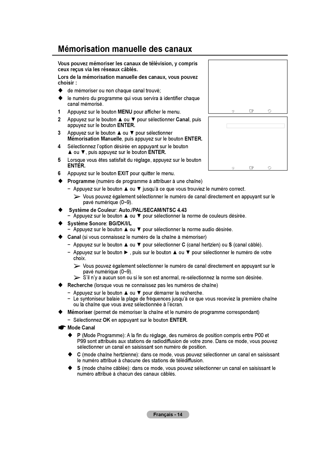 Samsung PS50A40 user manual Mémorisation manuelle des canaux 