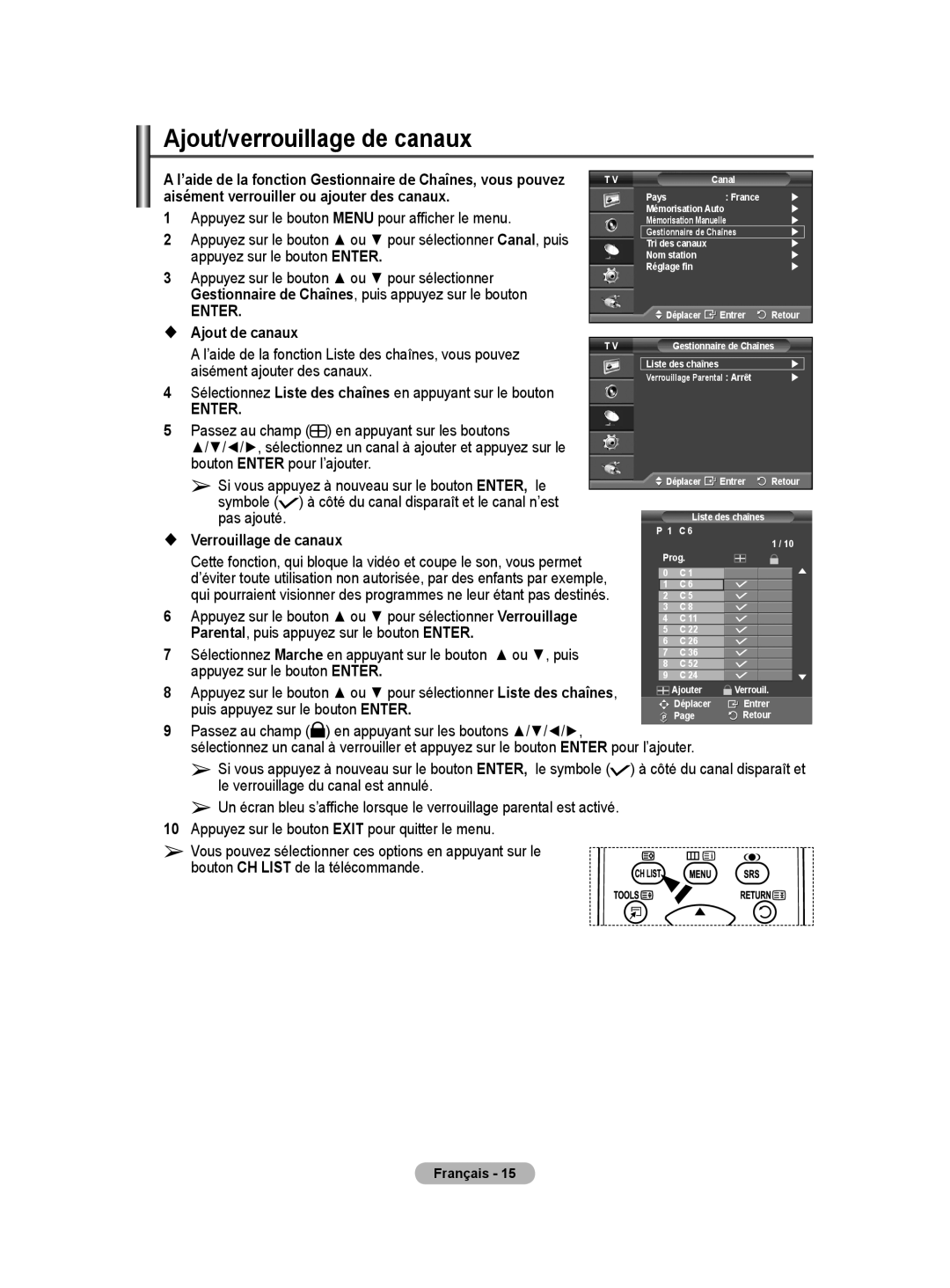 Samsung PS50A40 user manual Ajout/verrouillage de canaux 