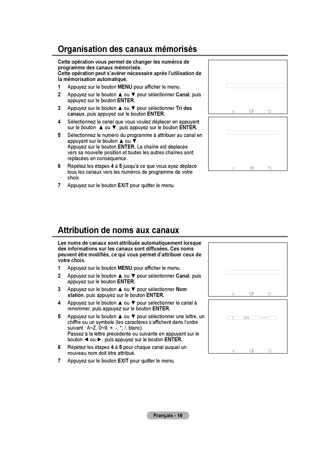 Samsung PS50A40 user manual Organisation des canaux mémorisés, Attribution de noms aux canaux 