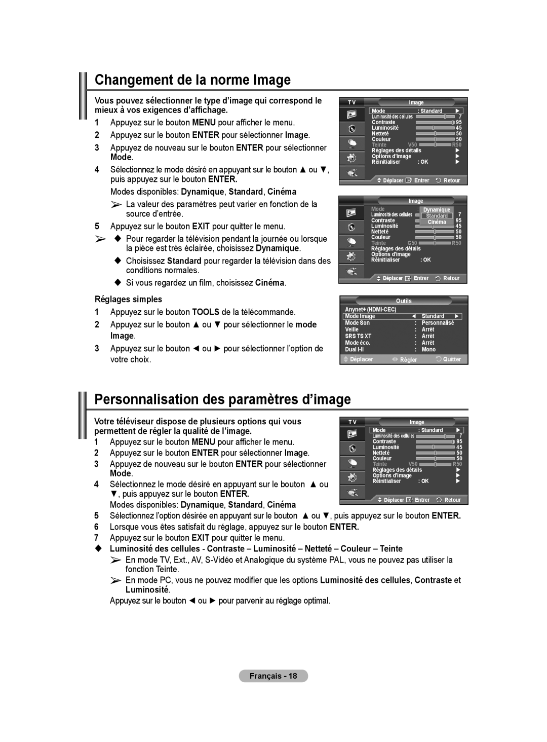 Samsung PS50A40 user manual Changement de la norme Image, Personnalisation des paramètres d’image 