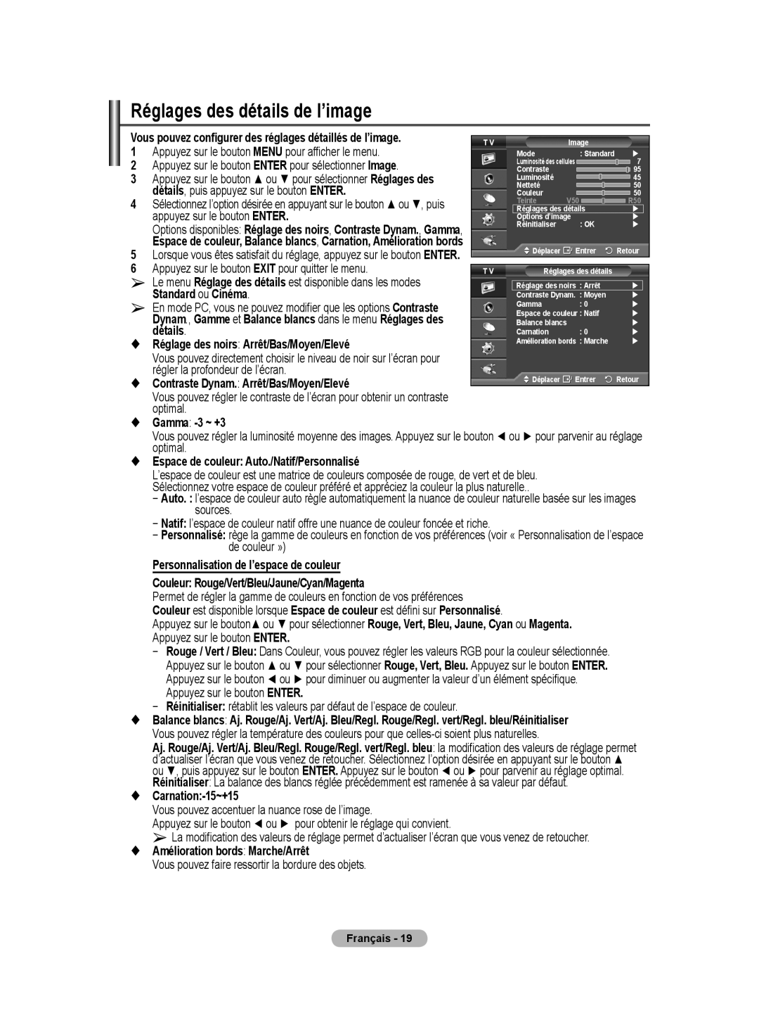 Samsung PS50A40 user manual Réglages des détails de l’image 