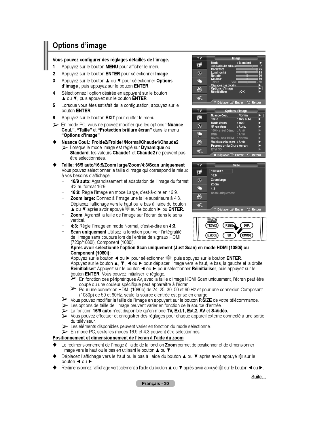 Samsung PS50A40 user manual Options d’image, Vous pouvez configurer des réglages détaillés de l’image 