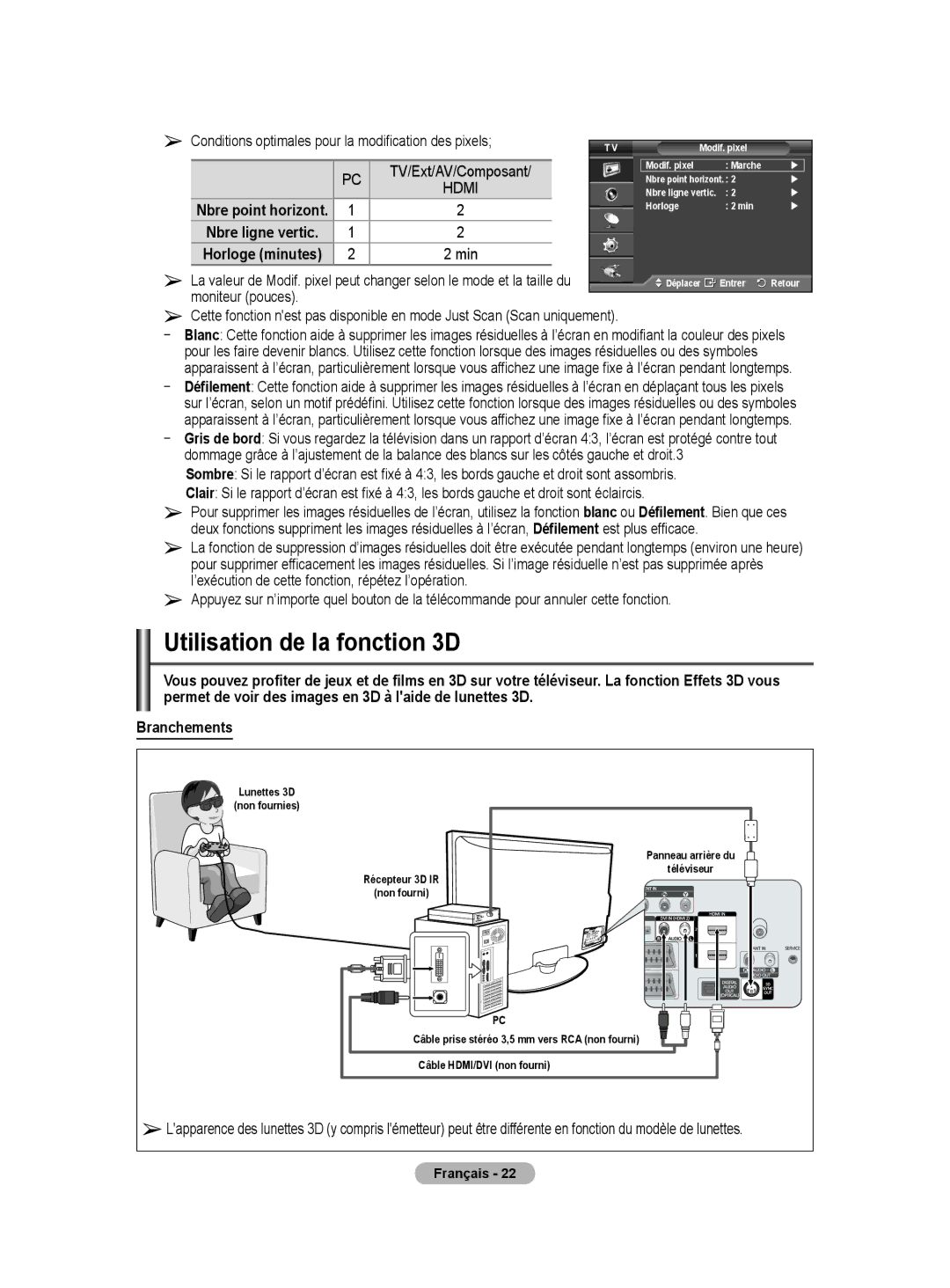 Samsung PS50A40 user manual Utilisation de la fonction D, Horloge minutes, Français  