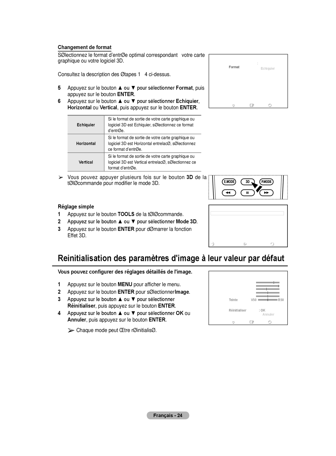 Samsung PS50A40 user manual Changement de format, Réglage simple, Appuyez sur le bouton Tools de la télécommande 