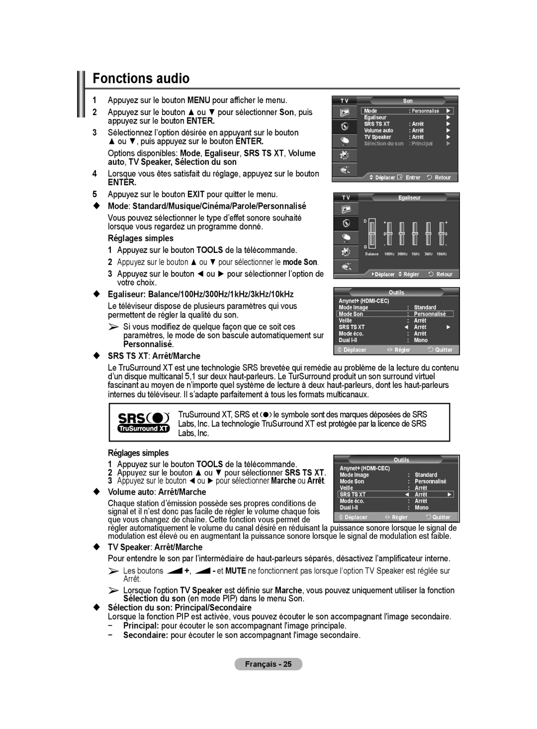 Samsung PS50A40 user manual Fonctions audio 