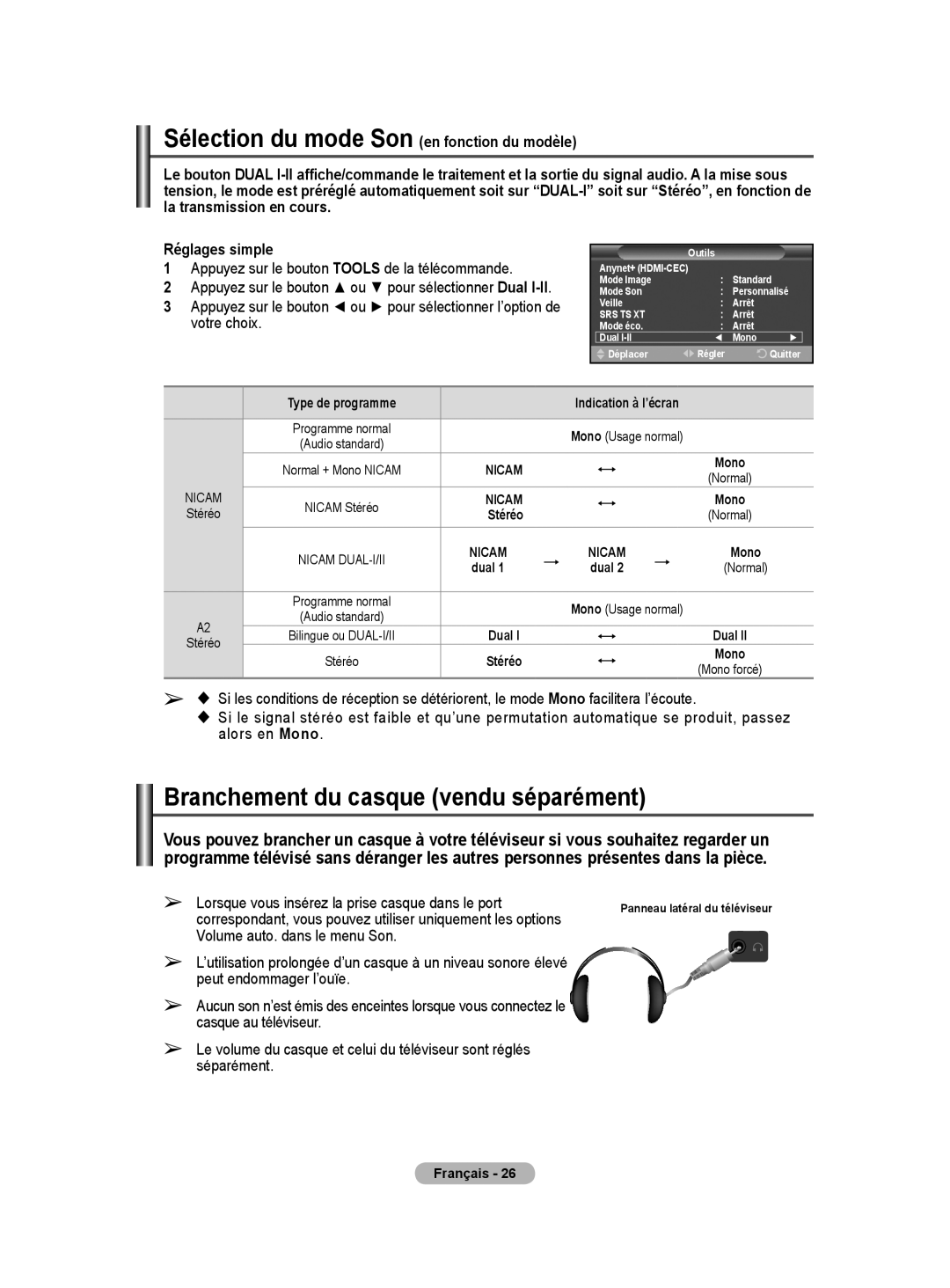 Samsung PS50A40 user manual Branchement du casque vendu séparément, Réglages simple, Votre choix 