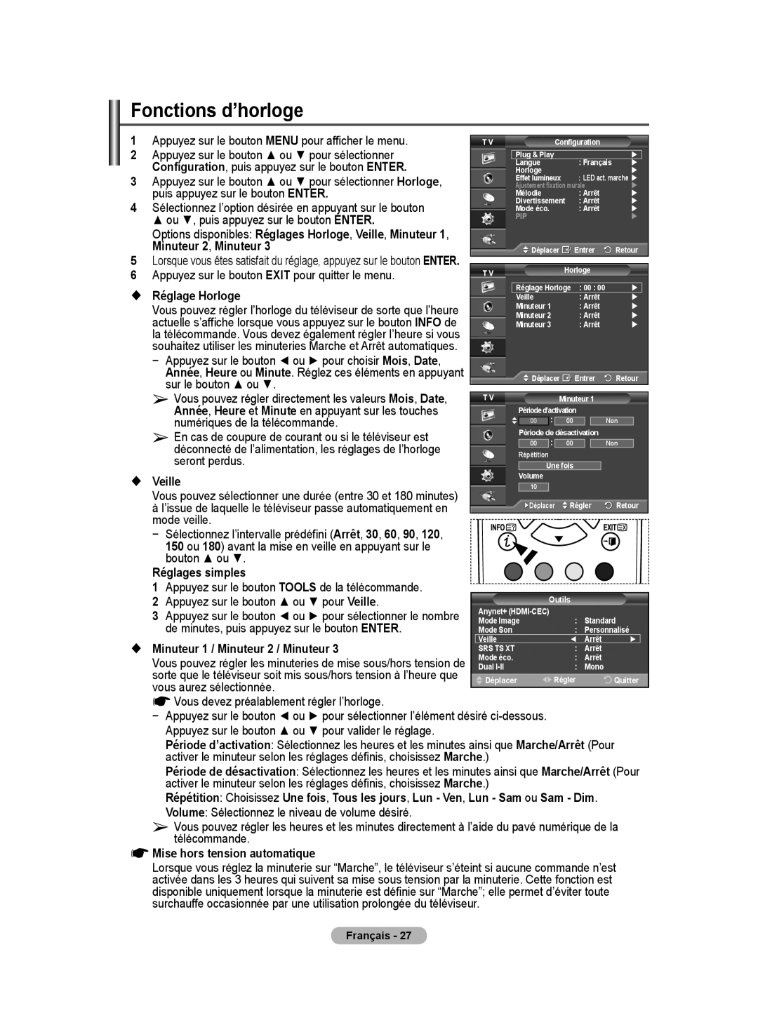 Samsung PS50A40 user manual Fonctions d’horloge 