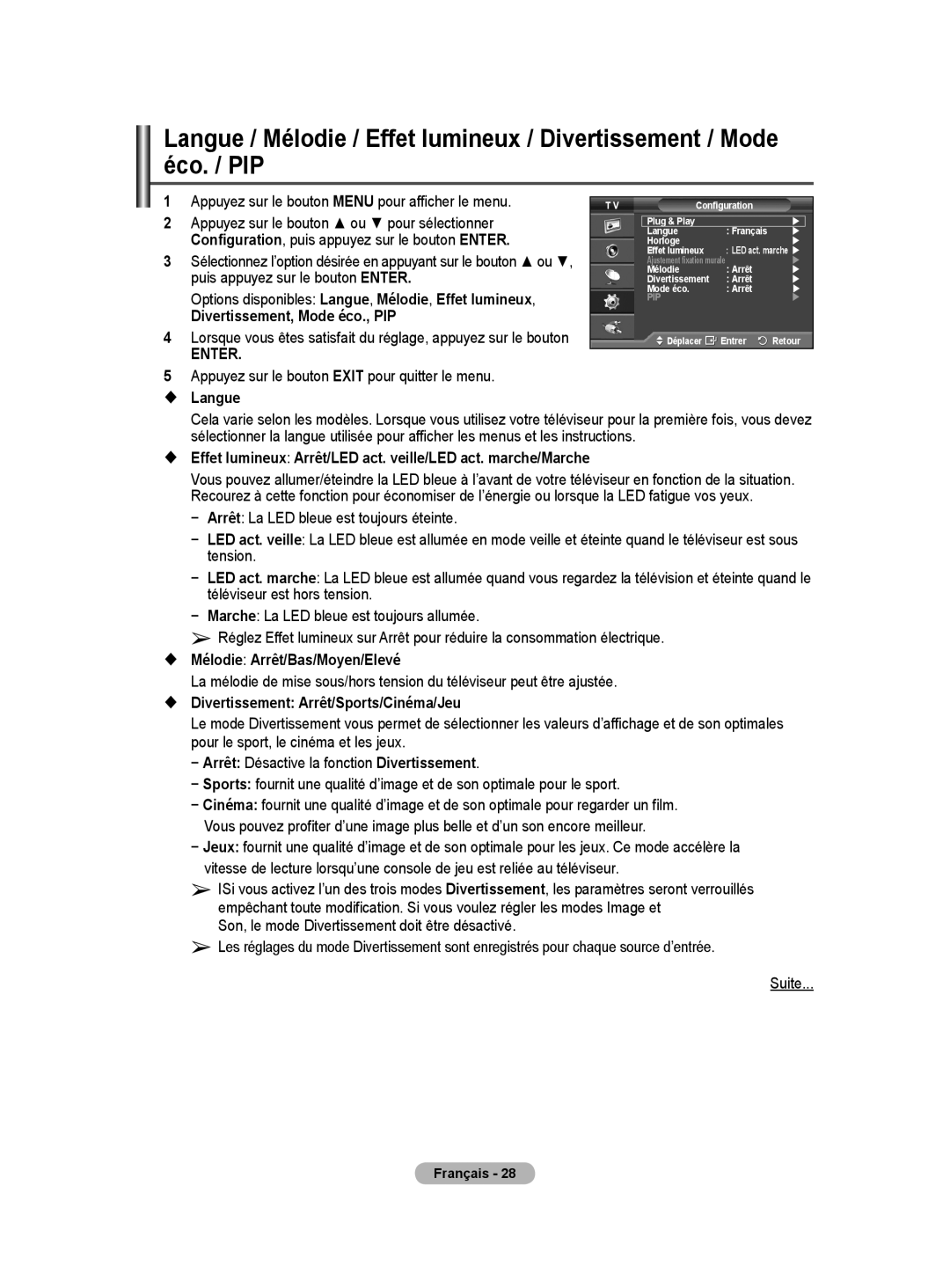 Samsung PS50A40 user manual Divertissement, Mode éco., PIP,  Langue,  Mélodie Arrêt/Bas/Moyen/Elevé 