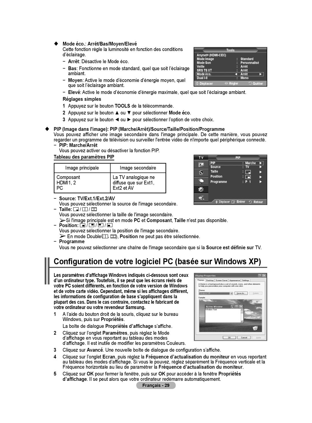 Samsung PS50A40 user manual Configuration de votre logiciel PC basée sur Windows XP 