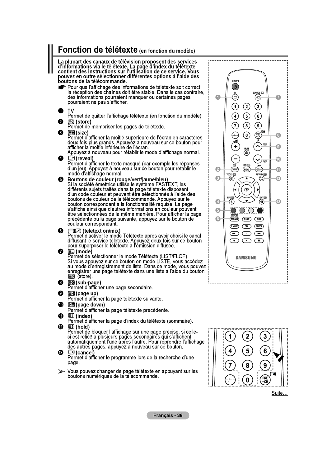 Samsung PS50A40 user manual Fonction de télétexte en fonction du modèle, Boutons de couleur rouge/vert/jaune/bleu 