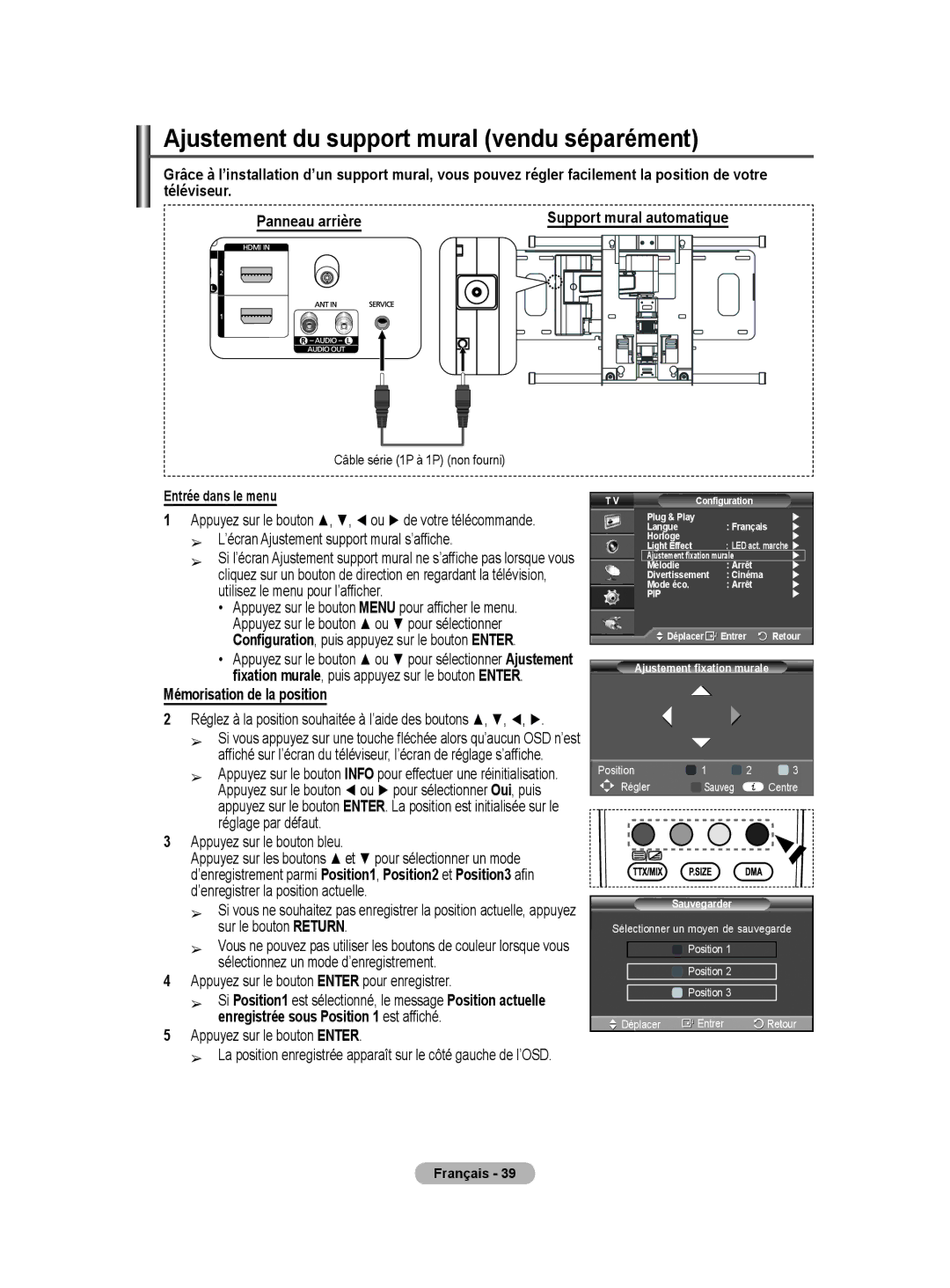 Samsung PS50A40 user manual Ajustement du support mural vendu séparément, ’écran Ajustement support mural s’affiche 