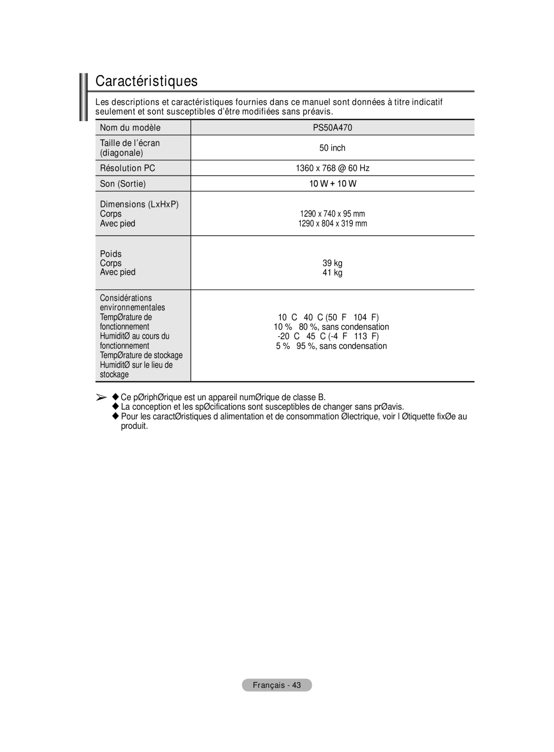 Samsung PS50A40 user manual Caractéristiques 