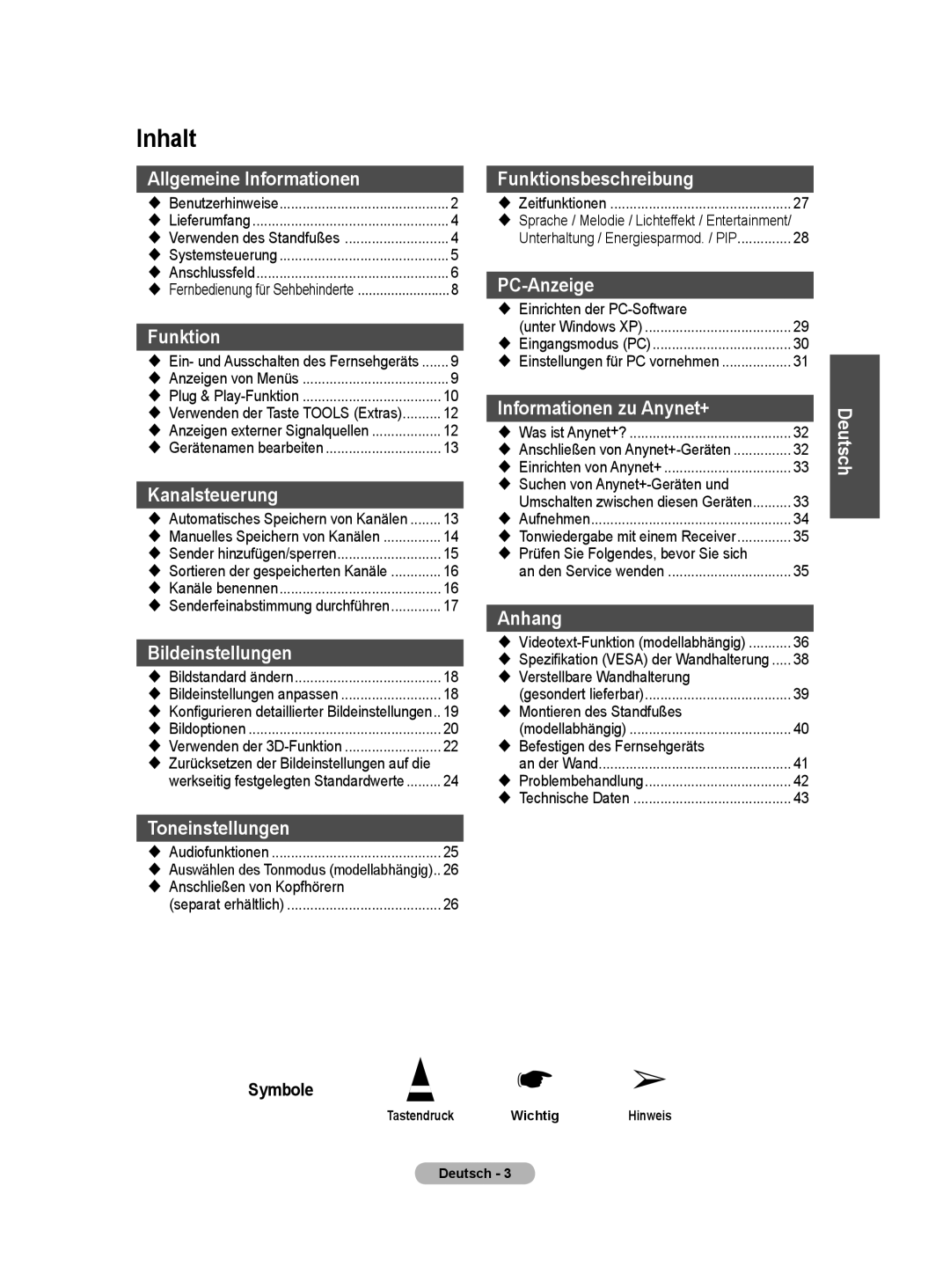 Samsung PS50A40 user manual Inhalt 