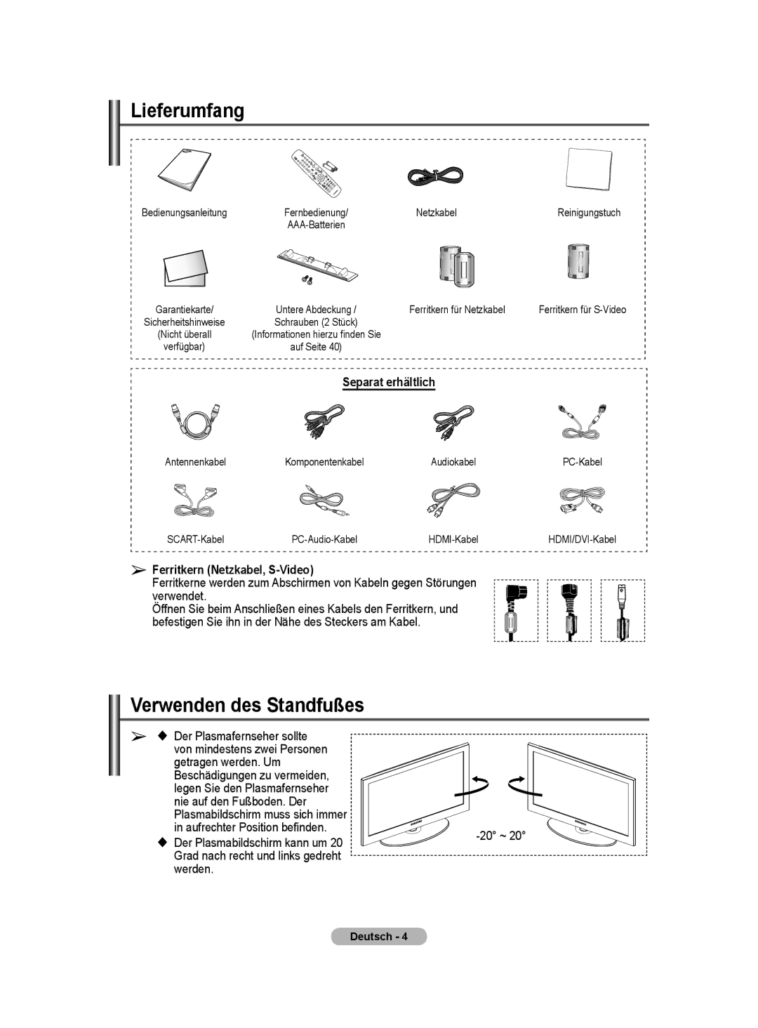 Samsung PS50A40 user manual Lieferumfang, Verwenden des Standfußes, Separat erhältlich, Ferritkern Netzkabel, S-Video 