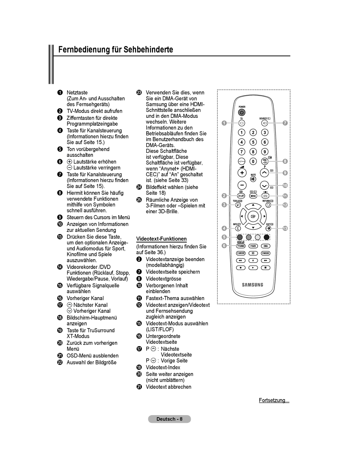 Samsung PS50A40 user manual Fernbedienung für Sehbehinderte, Videotext-Funktionen 