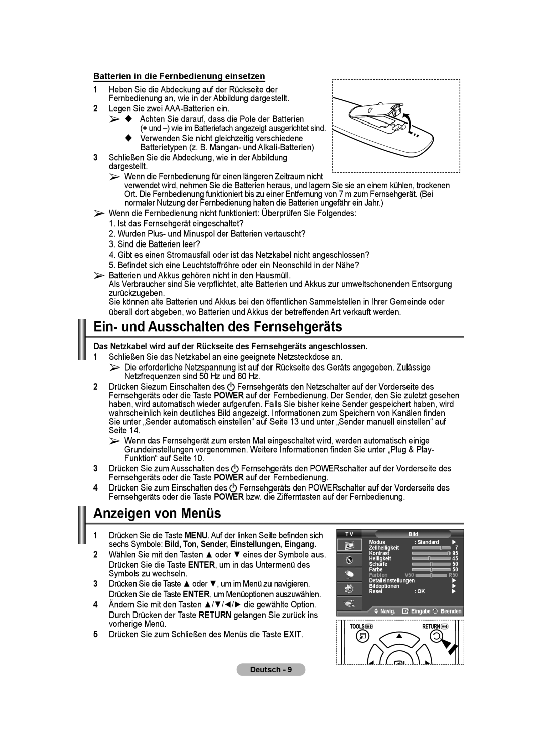 Samsung PS50A40 Ein- und Ausschalten des Fernsehgeräts, Anzeigen von Menüs, Batterien in die Fernbedienung einsetzen 