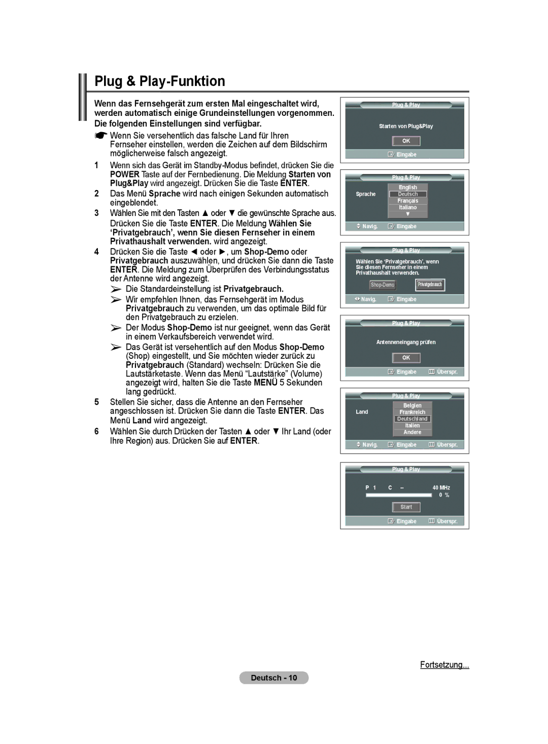 Samsung PS50A40 user manual Plug & Play-Funktion, Ihre Region aus. Drücken Sie auf Enter 