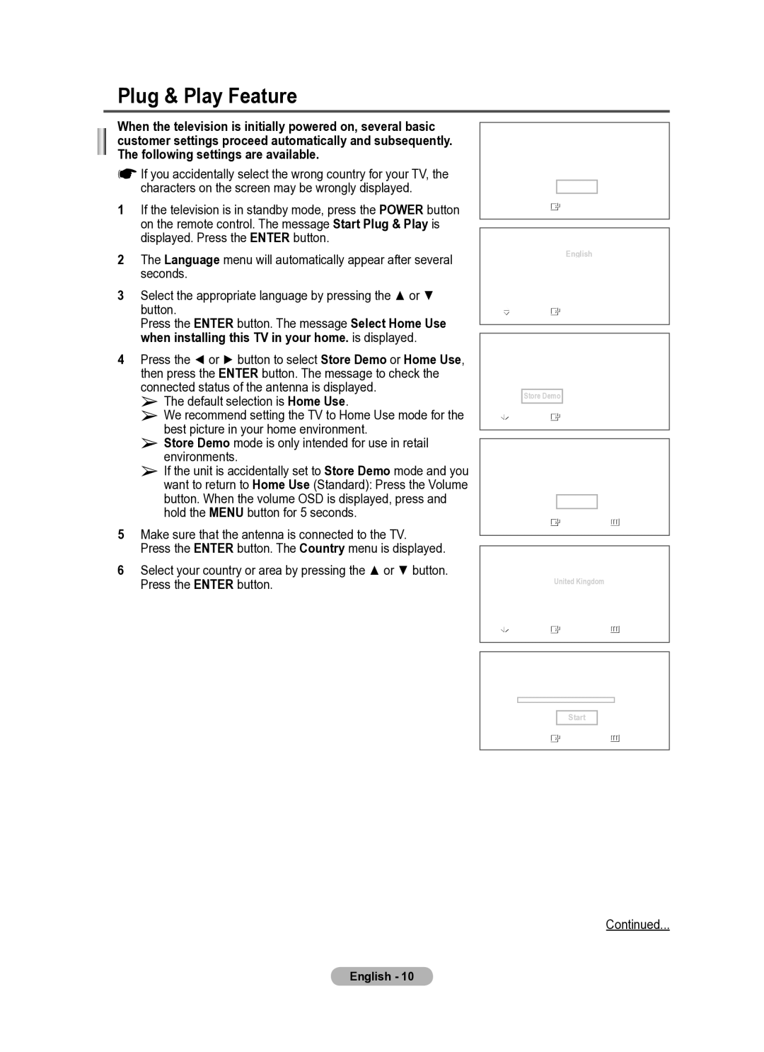 Samsung PS50A410, PS42A410 Plug & Play Feature, Make sure that the antenna is connected to the TV, Press the Enter button 