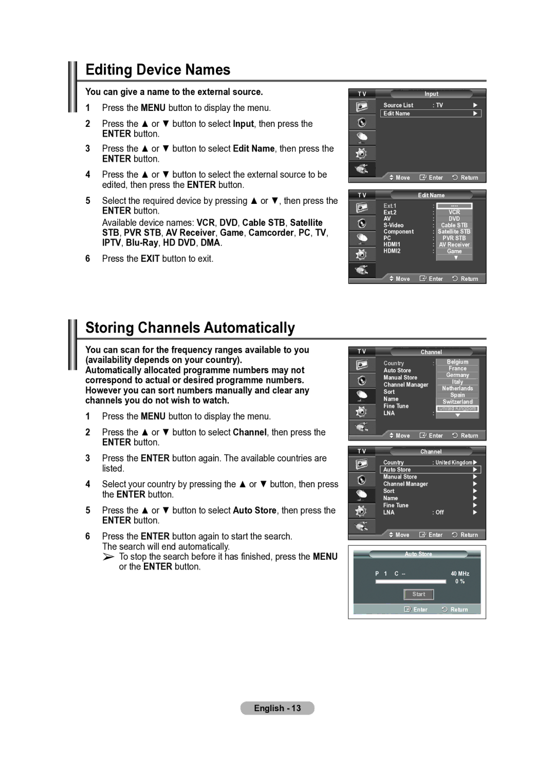 Samsung PS42A410 manual Editing Device Names, Storing Channels Automatically, You can give a name to the external source 