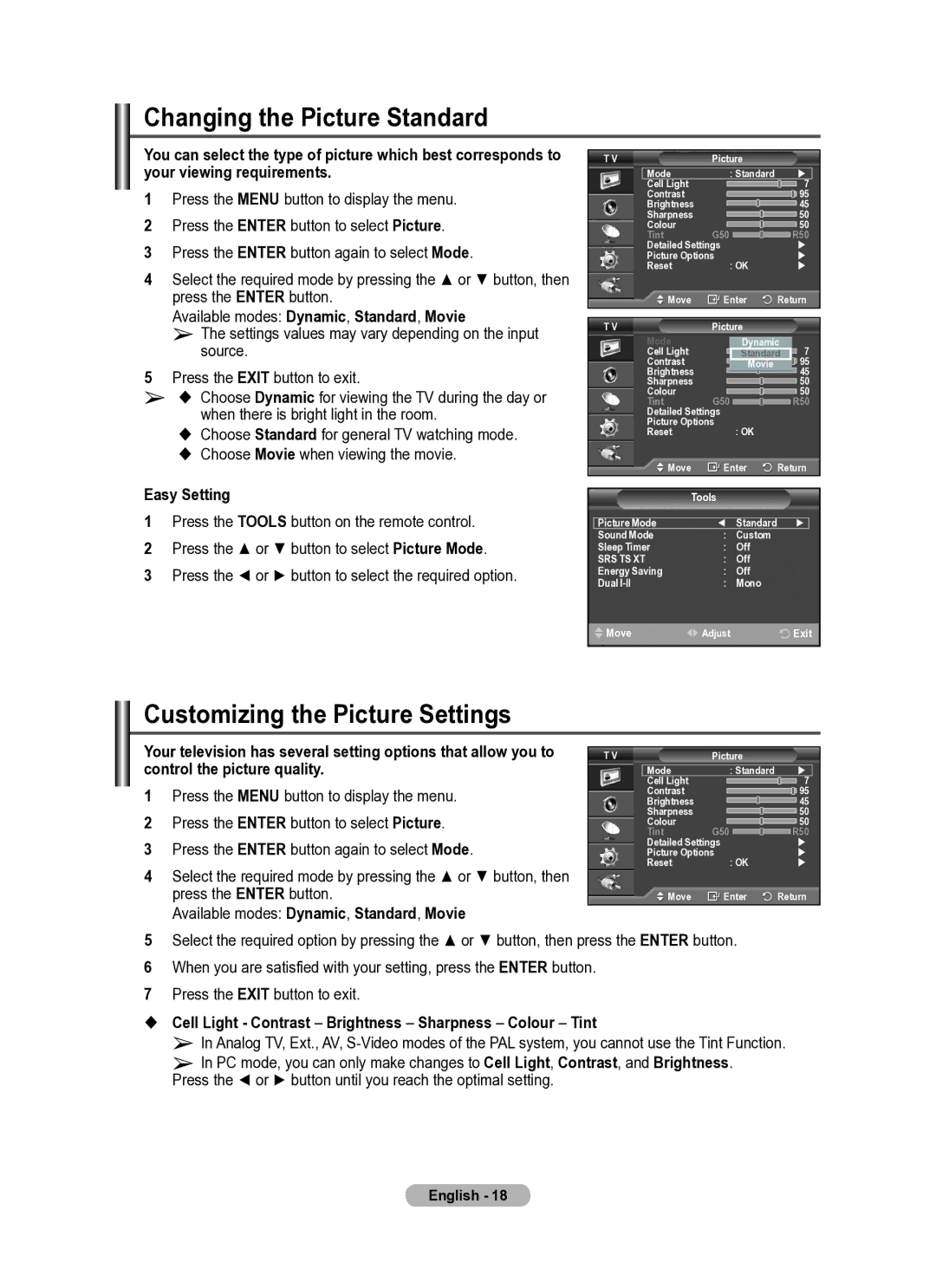 Samsung PS50A410, PS42A410 manual Changing the Picture Standard, Customizing the Picture Settings, Easy Setting 