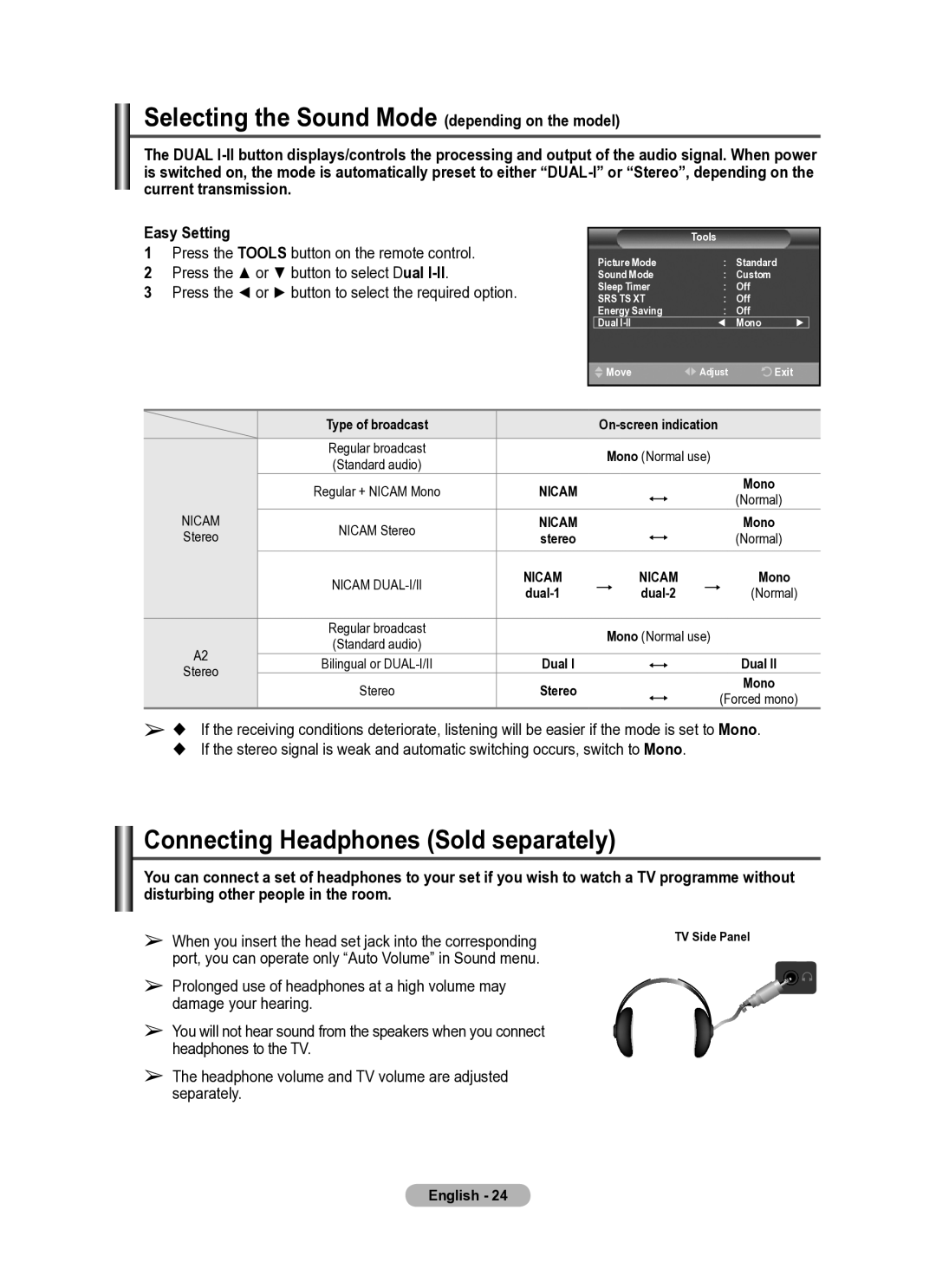 Samsung PS50A410, PS42A410 manual Selecting the Sound Mode depending on the model, Connecting Headphones Sold separately 