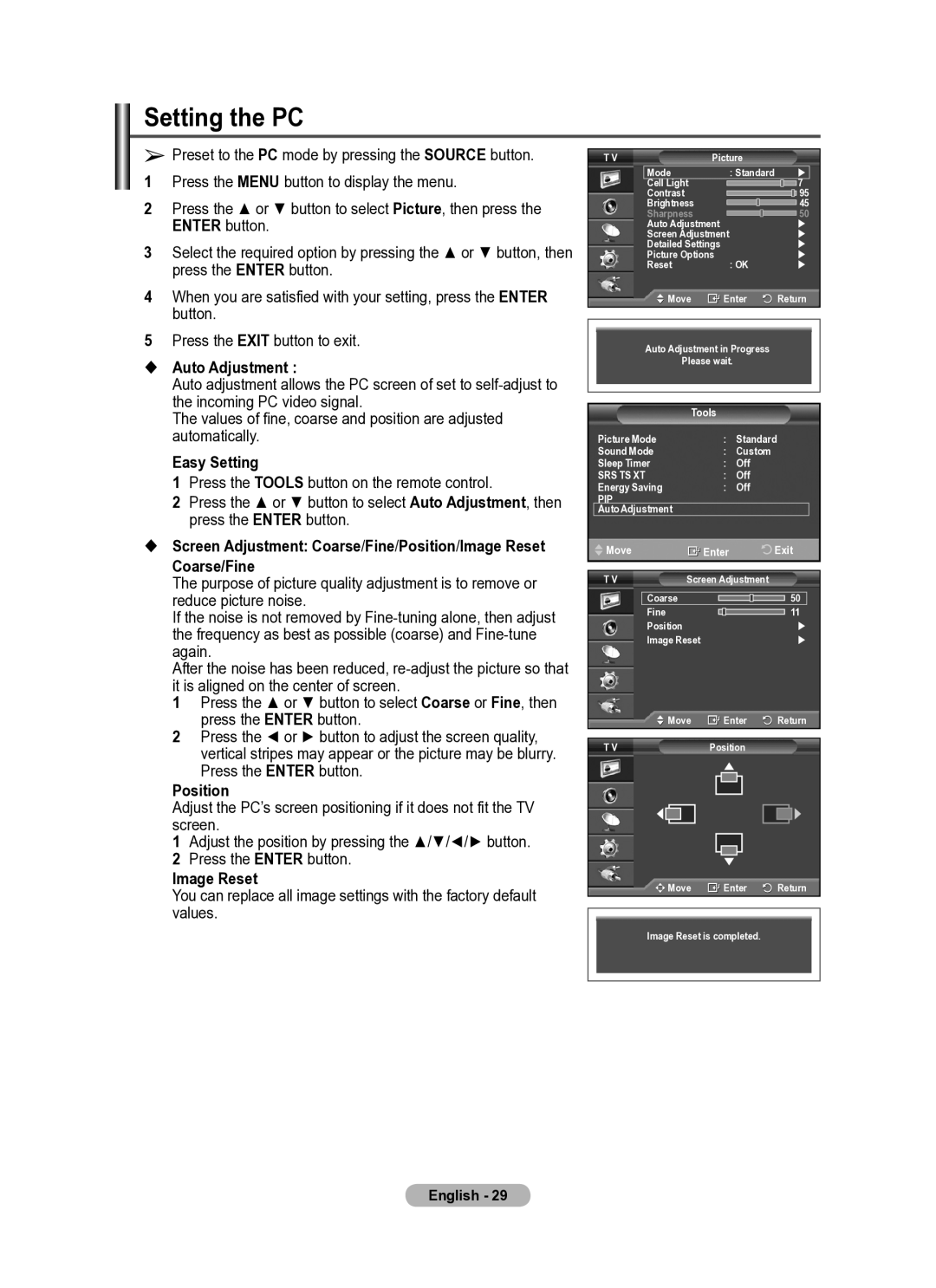 Samsung PS42A410, PS50A410 manual Setting the PC,  Auto Adjustment, Coarse/Fine, Position, Image Reset 