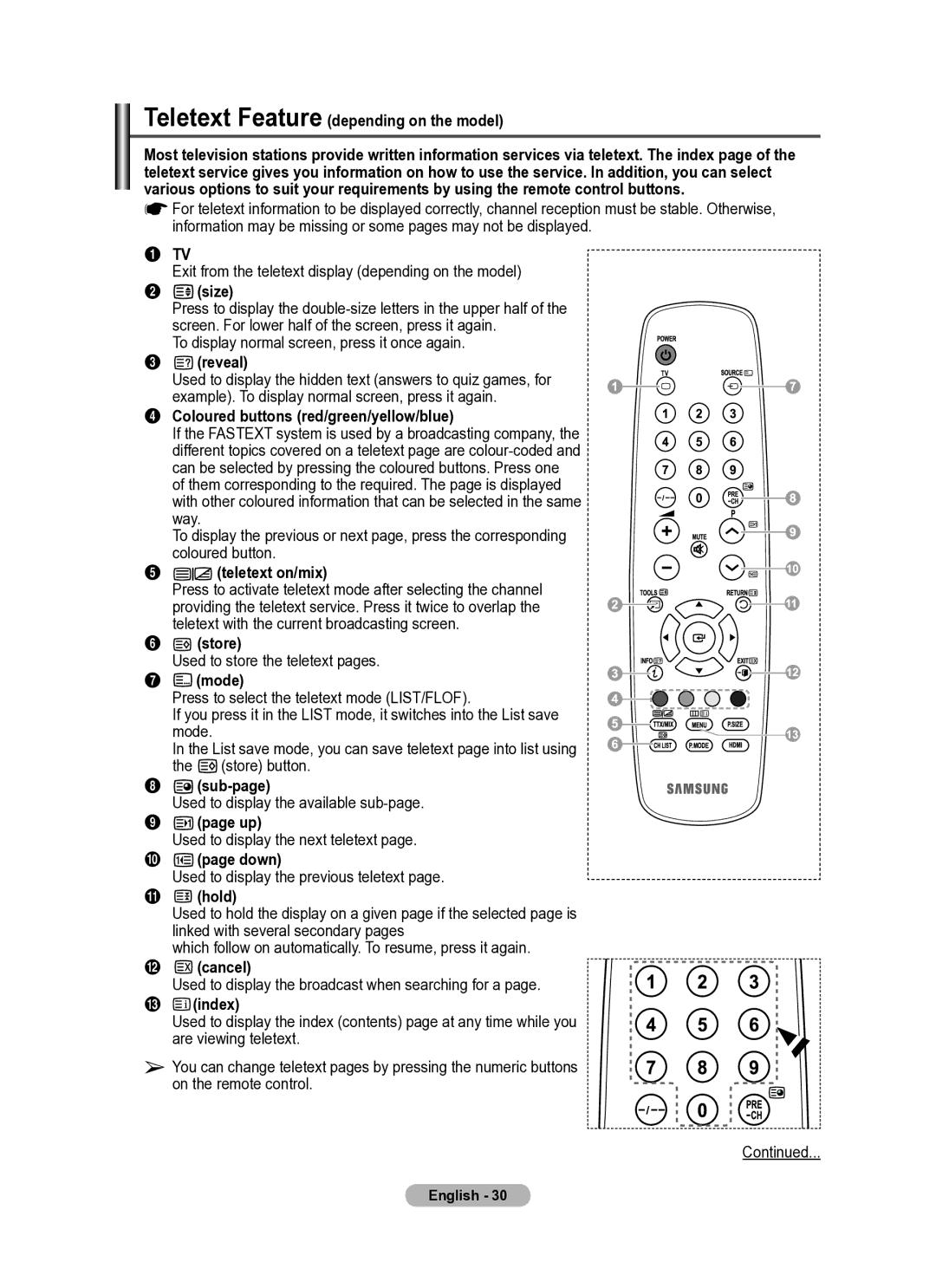 Samsung PS50A410 Teletext Feature depending on the model, Size, Reveal, Example. To display normal screen, press it again 